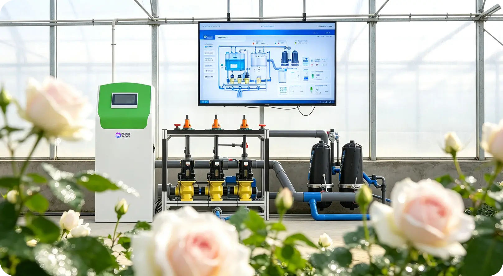 Irrigation lines and crop rows inside a greenhouse growing zone